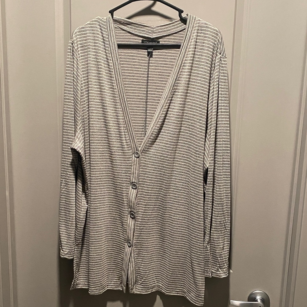 Lane Bryant Striped Cardigan 22 24 Gray Lightweight Button Front Sweater